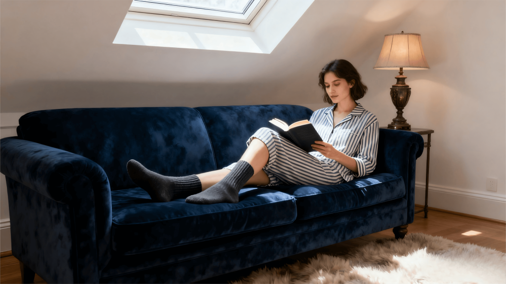 A modern young woman relaxing at home, sitting on a cozy sofa with a book, wearing mid-calf cotton socks, natural daylight, clean and minimal interior, focus on comfort and wellness, lifestyle photography