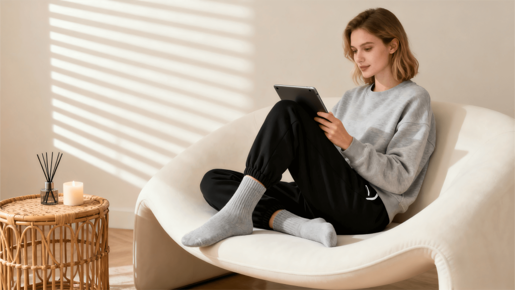 A stylish young woman sitting on a modern sofa, wearing mid-calf cotton socks with casual clothes, cozy and minimal interior, natural daylight, focus on socks, soft lifestyle photography, aspect ratio 2:1