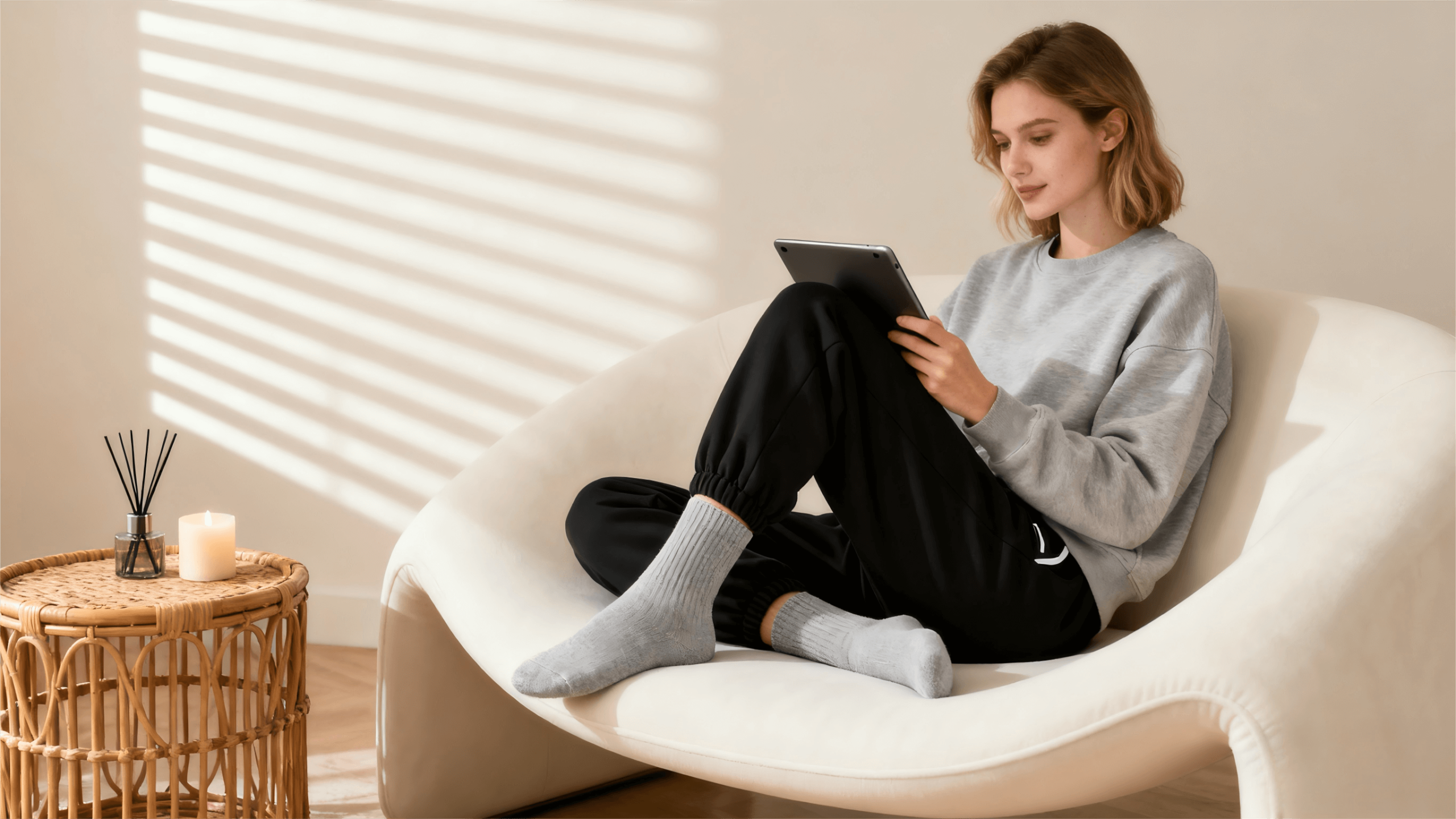 A stylish young woman sitting on a modern sofa, wearing mid-calf cotton socks with casual clothes, cozy and minimal interior, natural daylight, focus on socks, soft lifestyle photography, aspect ratio 2:1