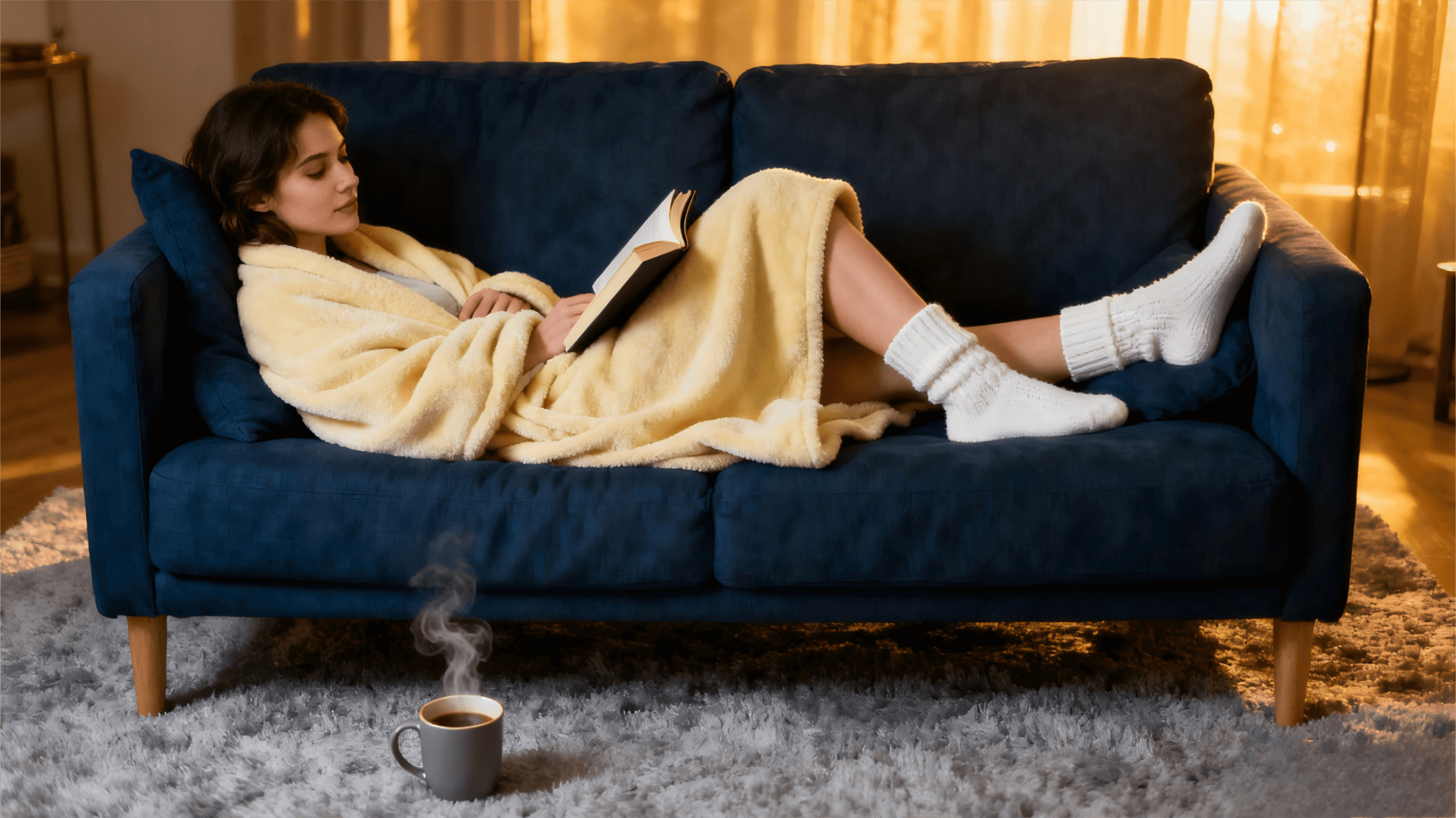 Young woman lounging on a sofa with a blanket, wearing colorful womens thermal socks, reading a book, warm golden lighting, cozy winter atmosphere
