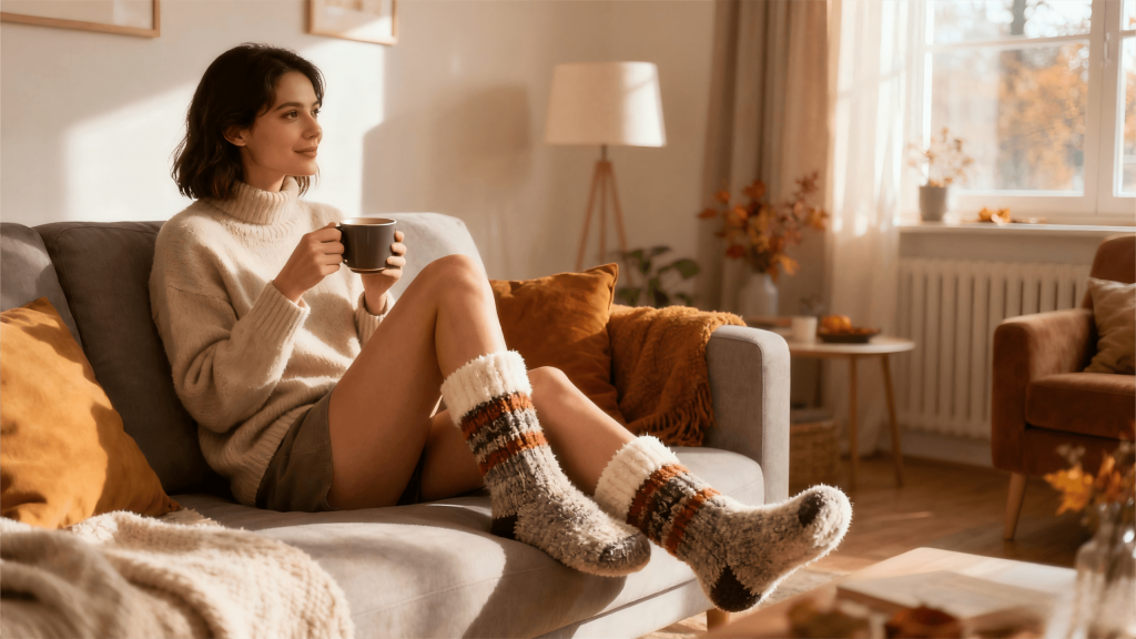 Cozy autumn living room, woman in fuzzy thermal socks sitting on sofa with coffee, warm light, soft and minimal style, 2:1