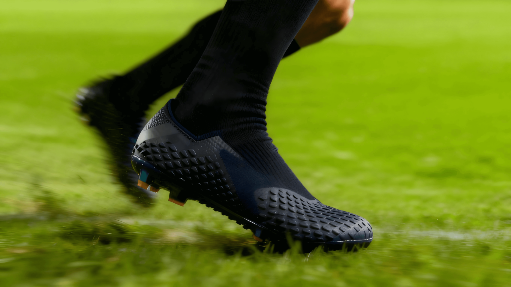 A dynamic soccer player in mid-action on a grass field, wearing stylish mid-calf grip soccer socks, focus on the feet and socks gripping the turf firmly.