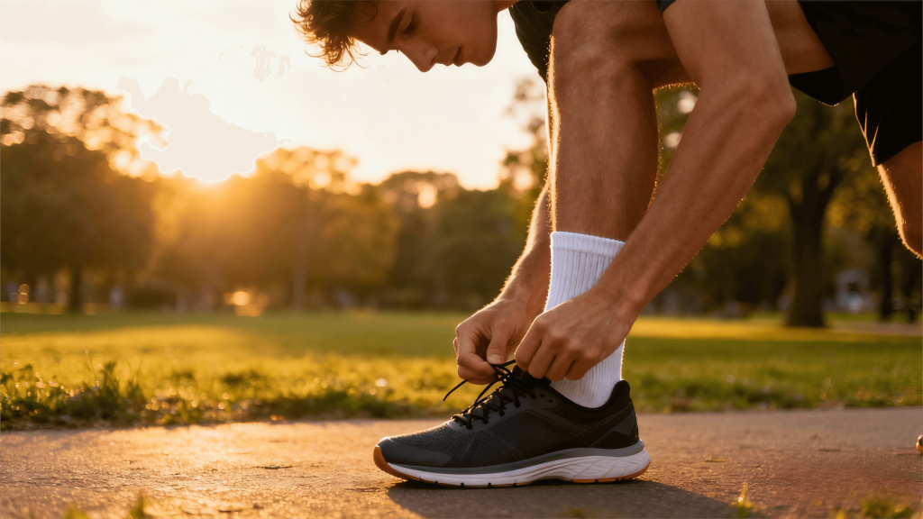 Man tying running shoes wearing CLOSEMATE ankle socks during morning workout.