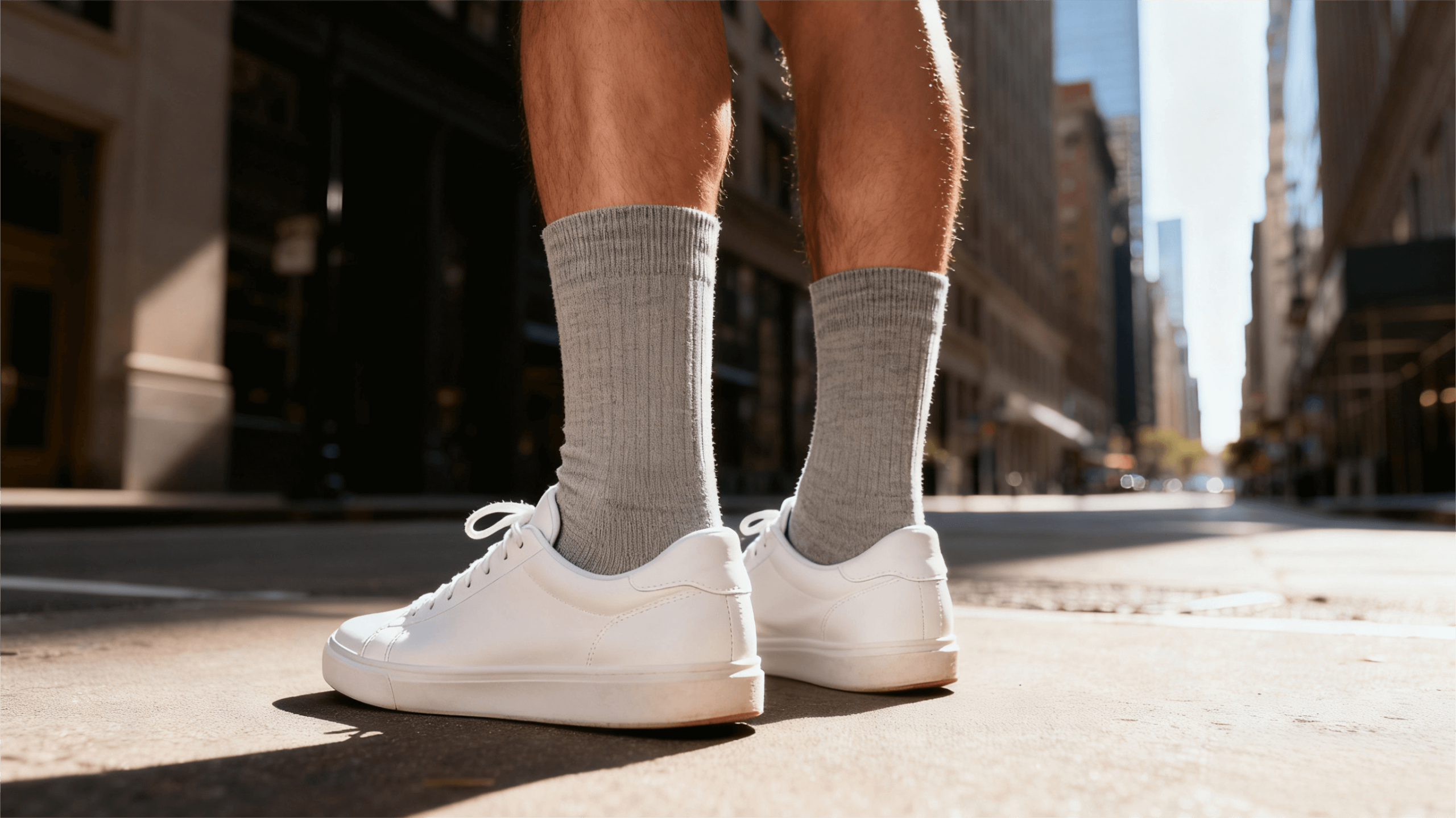 Close-up of a man wearing bamboo ankle socks and white sneakers, standing on a sunny urban street.