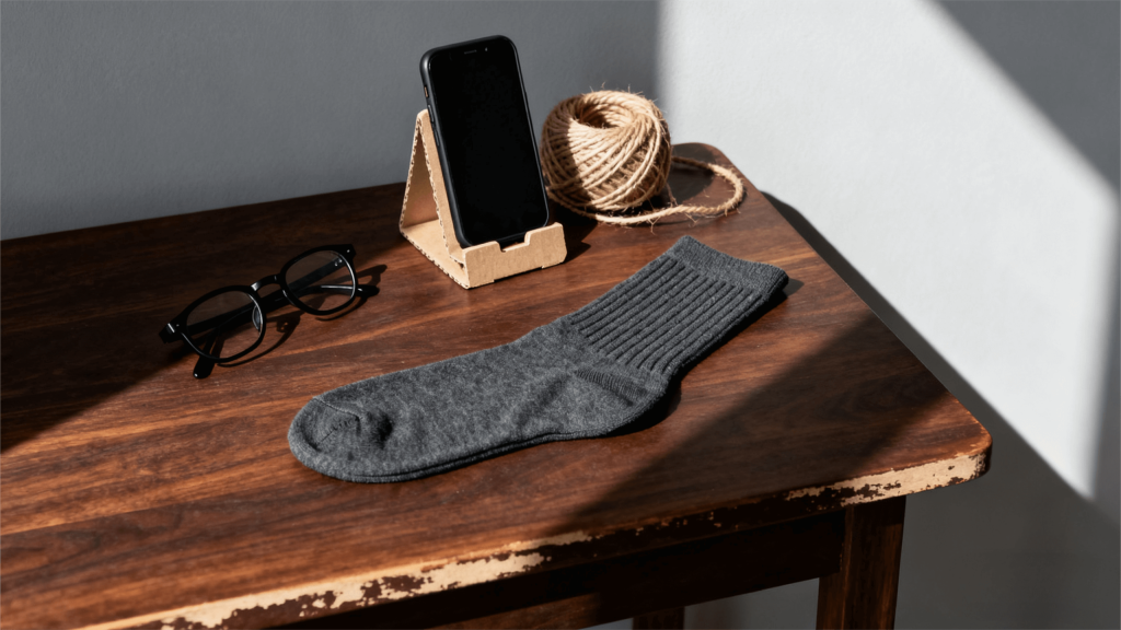 Minimalist lifestyle setup with bamboo socks on a wooden table and eco-friendly accessories.