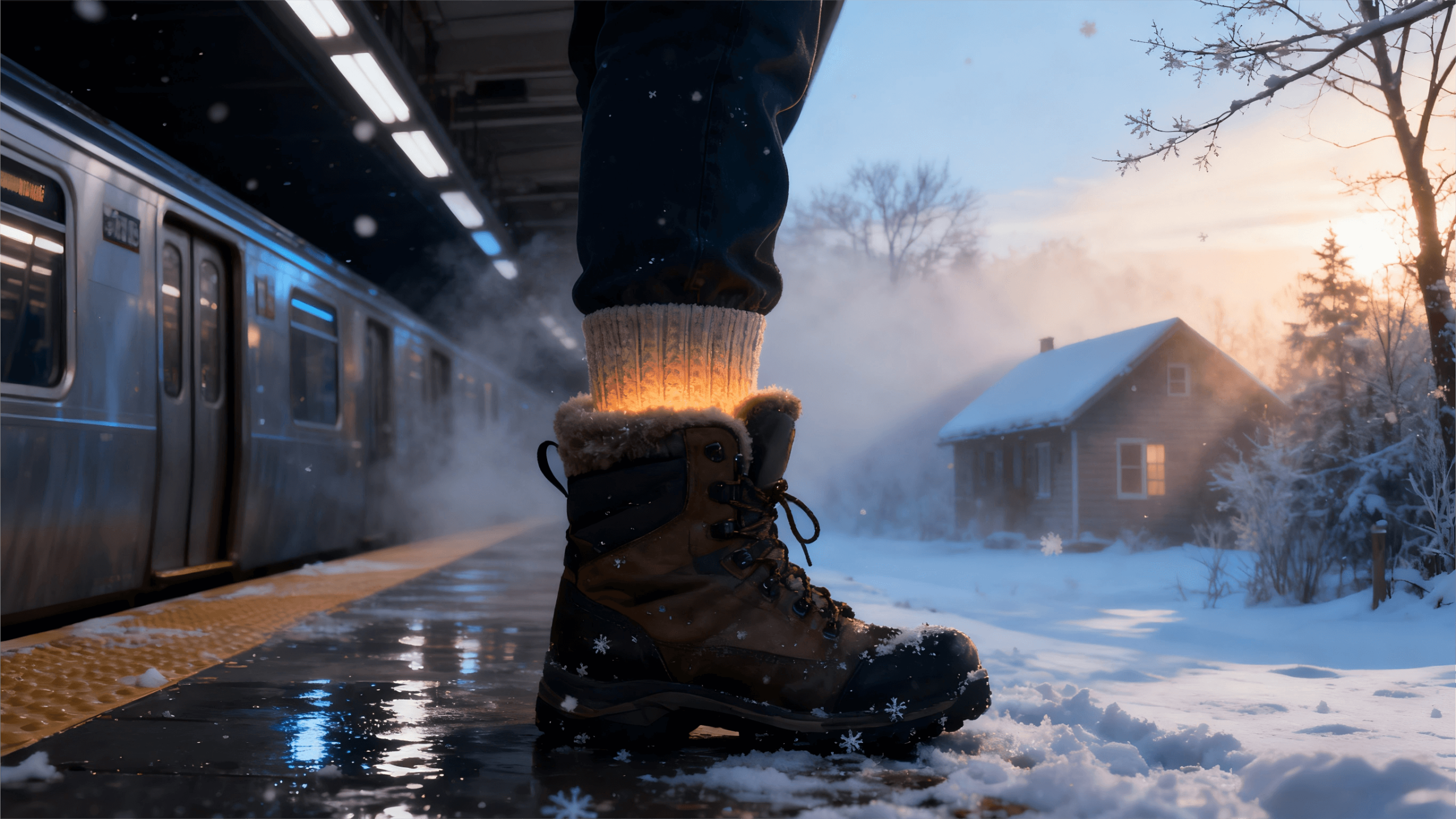Thermal boot socks inside winter boots, shown in a split scene from wet New York streets to a -25°F Canadian snowfield.