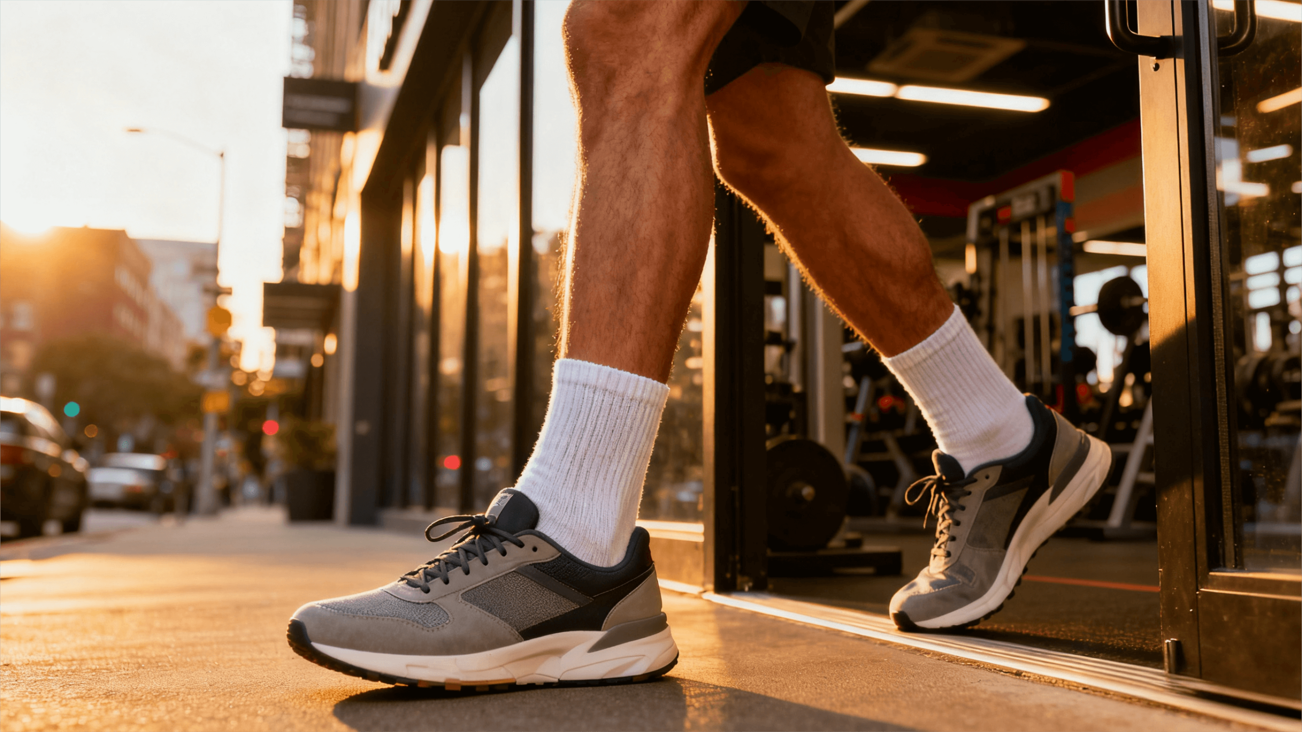 Lifestyle shot: man walking out of a gym wearing modern sneakers and soft cotton ankle socks.