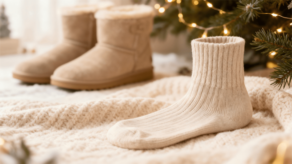 “Coffee-brown women’s thermal boot socks placed on a cozy winter blanket with blurred UGG boots in the background, showing how the socks improve warmth and fix loose winter boots.”
