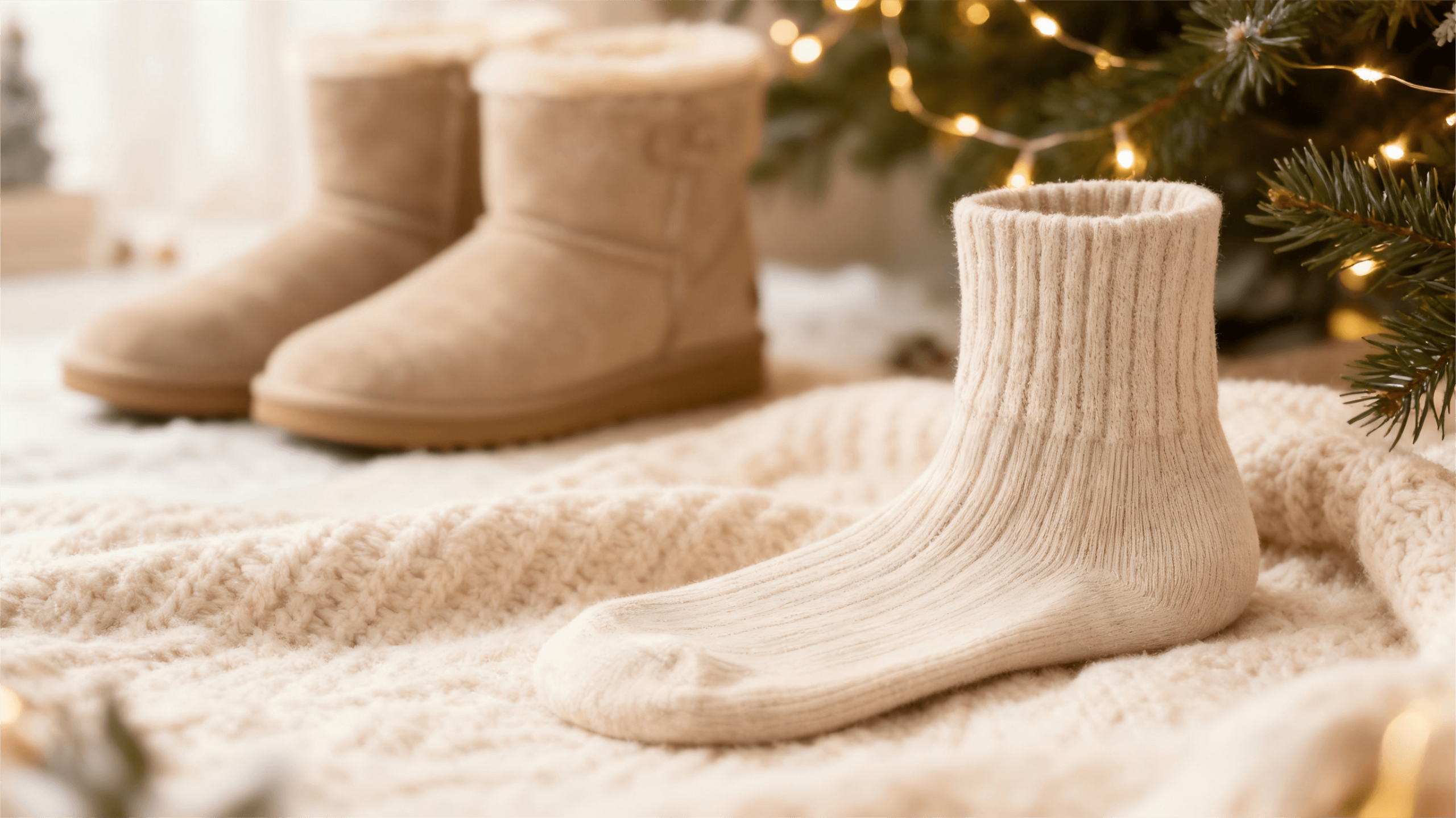 “Coffee-brown women’s thermal boot socks placed on a cozy winter blanket with blurred UGG boots in the background, showing how the socks improve warmth and fix loose winter boots.”