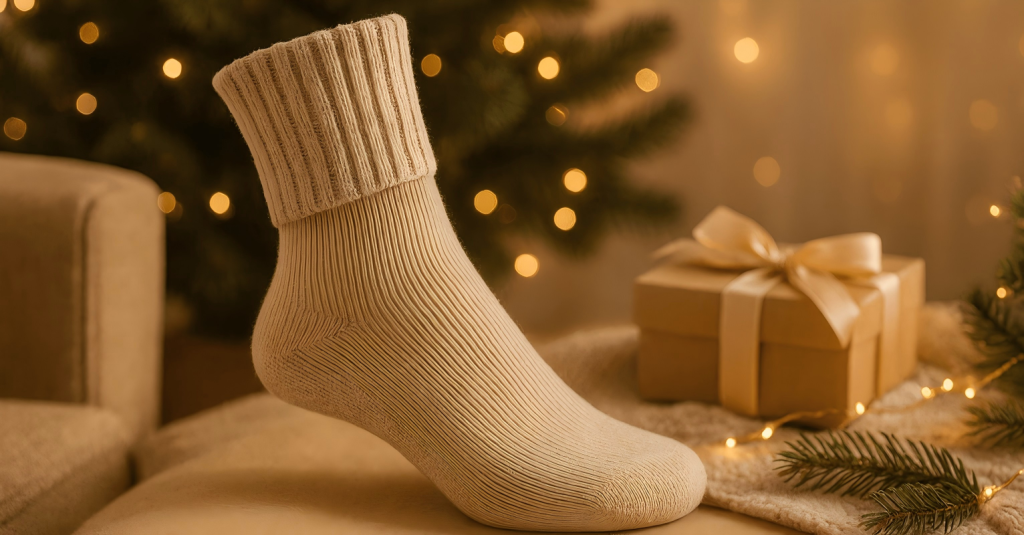 A warm holiday-themed lifestyle photo of women’s coffee-brown thermal boot socks placed near a softly lit Christmas tree, surrounded by cozy winter décor and festive gift boxes. Perfect winter gift idea.