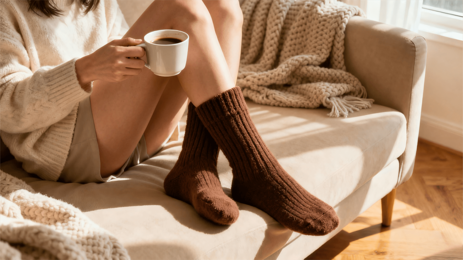 A woman wearing coffee-brown thermal socks sits on a beige sofa, holding a cup of coffee in warm sunlight. The cozy CLOSEMATE socks look thick, soft, and perfect for cold winter mornings.