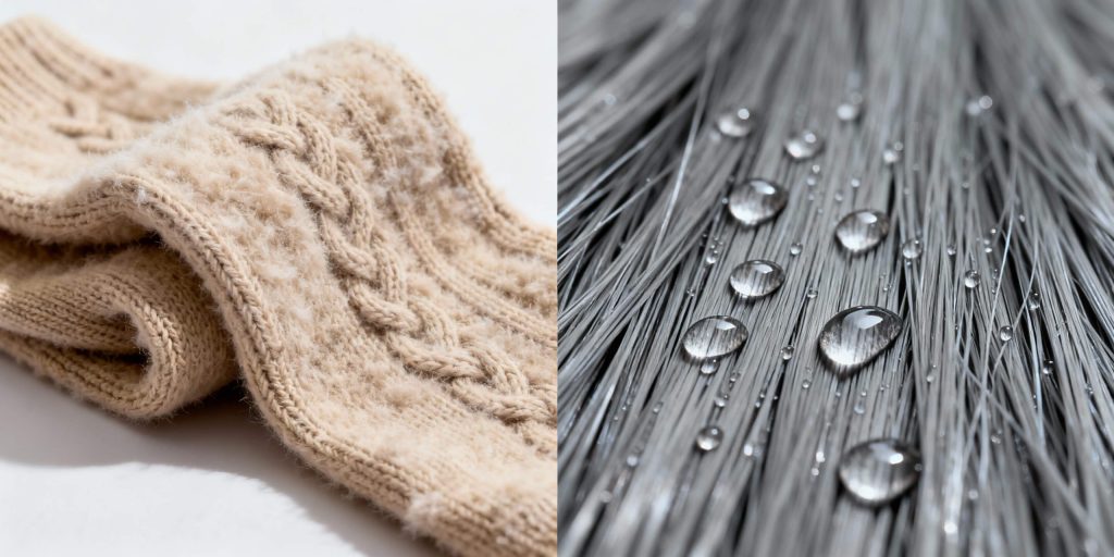Close-up comparison of the soft, fuzzy texture of acrylic-cotton socks versus the smooth, tight knit of pure acrylic socks.