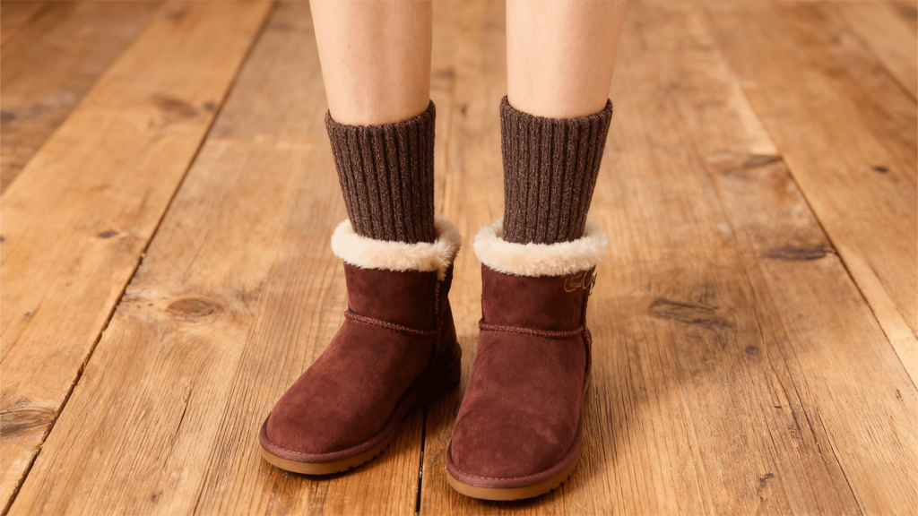 Close-up of dark brown ribbed thermal socks peeking out of chestnut UGG boots on a snowy winter day, highlighting cozy warmth and secure fit.