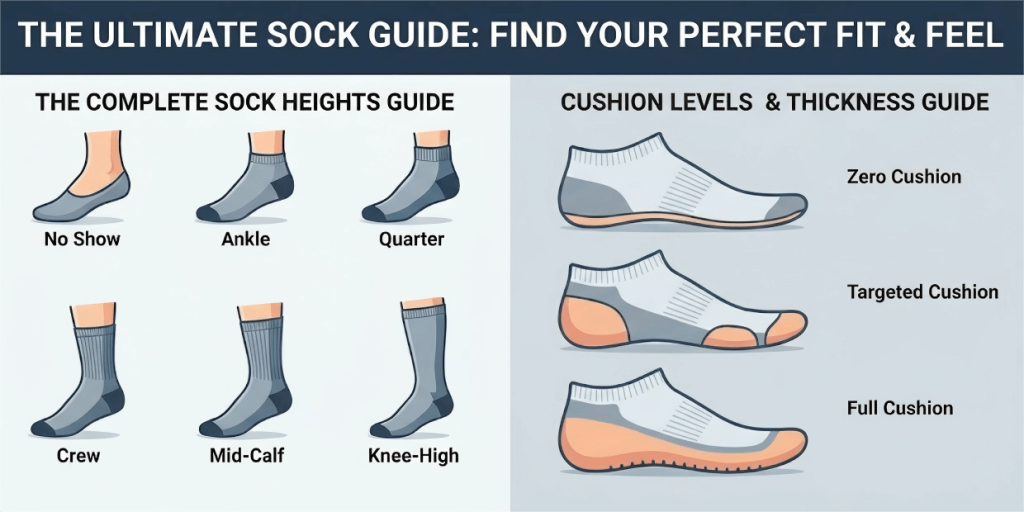 Featured image for the Sock Heights & Cushion Guide: A split visual showing a sock length chart on the left and close-up textures of zero, targeted, and full cushion socks on the right.