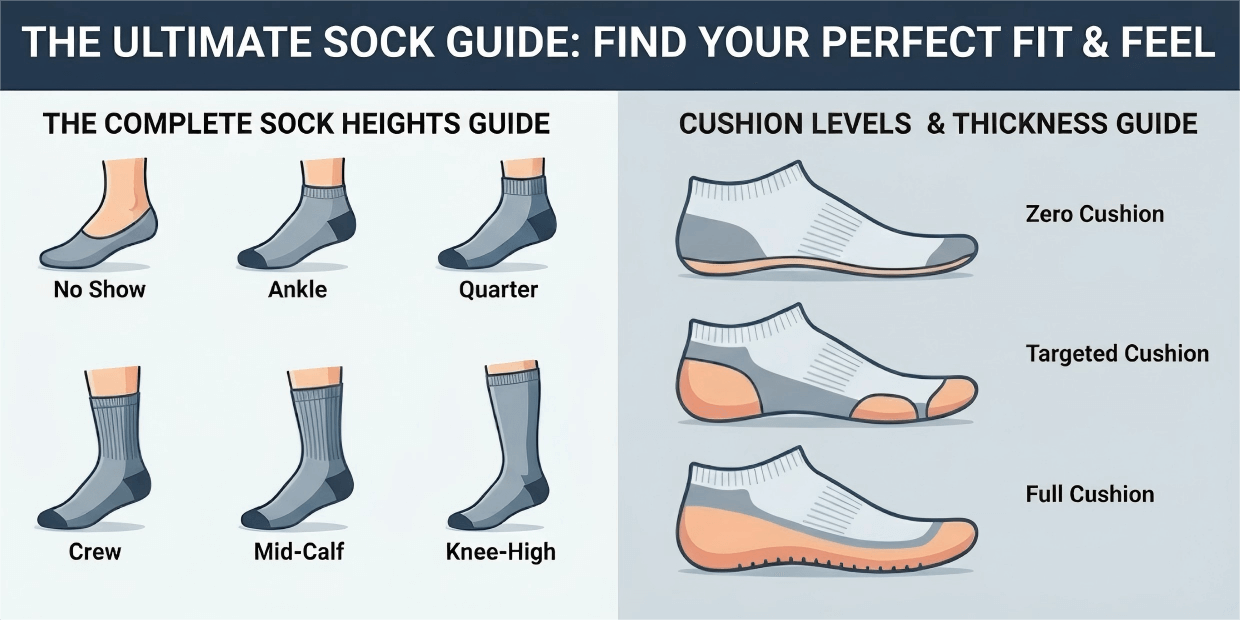 Featured image for the Sock Heights & Cushion Guide: A split visual showing a sock length chart on the left and close-up textures of zero, targeted, and full cushion socks on the right.