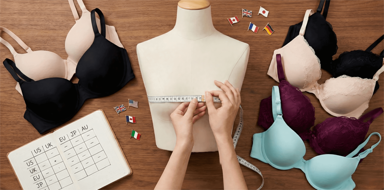 A measuring tape placed next to a luxury bra, symbolizing the process of measuring bra size at home.