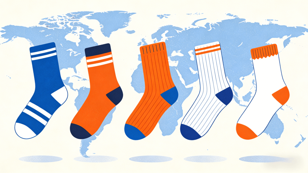 Global sock size comparison concept with socks and measuring tape on a table.