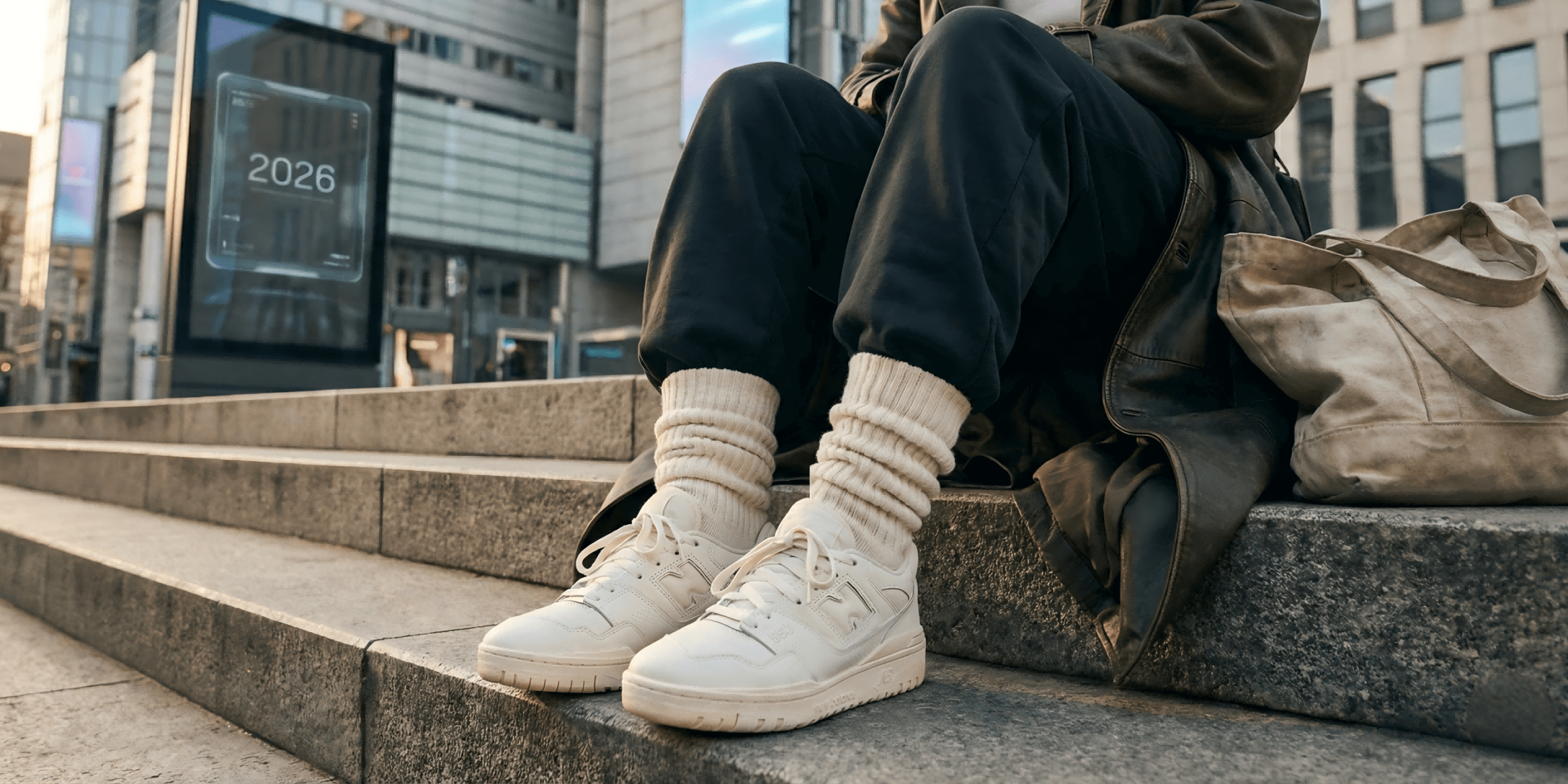 Thick cream-colored Y2K slouch socks scrunched over retro white sneakers, styled with a brown trench coat and baggy pants in an urban setting – representing 2026 Gen Z fashion trends.