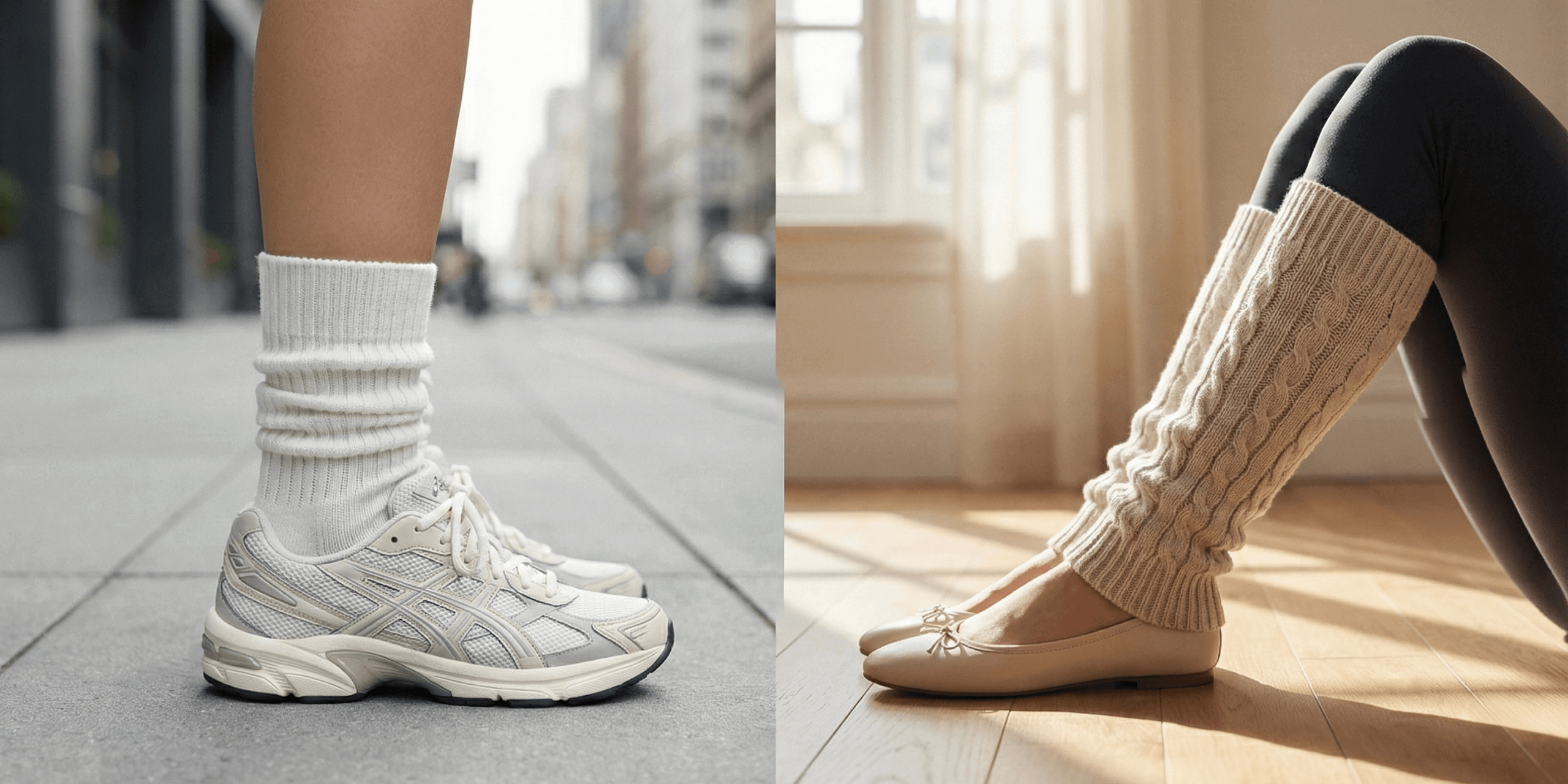Side-by-side comparison of white ribbed slouch socks with chunky sneakers on a city street and oatmeal cable-knit leg warmers with ballet flats on a sunlit wooden floor.