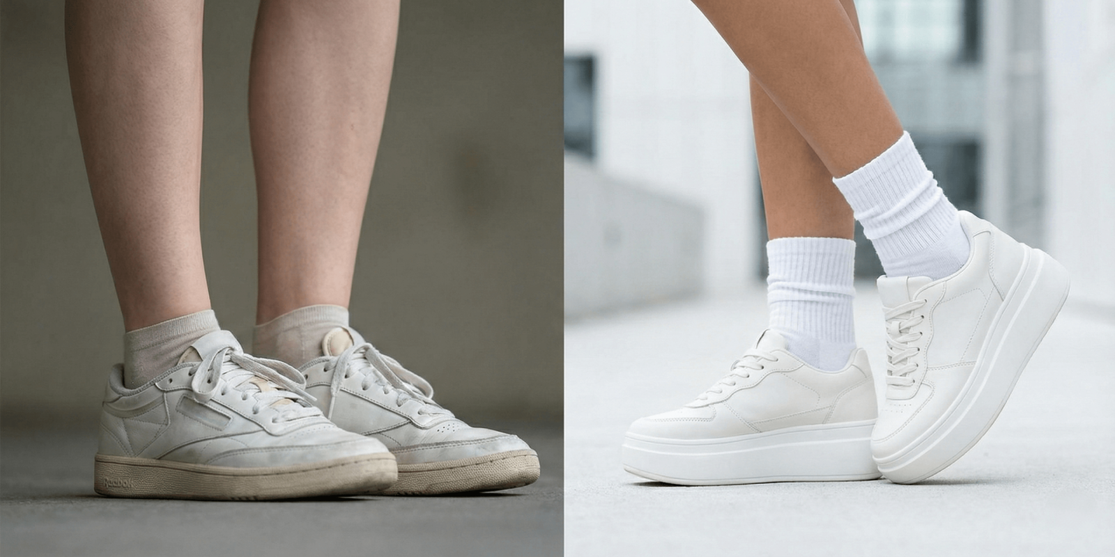 A split-screen comparison photograph illustrating the fashion trend shift. On the left, legs wear barely visible beige ankle socks with older, worn-out white sneakers, representing the Millennial style. On the right, legs wear trendy, scrunched white crew socks paired with clean, chunky white platform sneakers, representing the current Gen Z aesthetic.