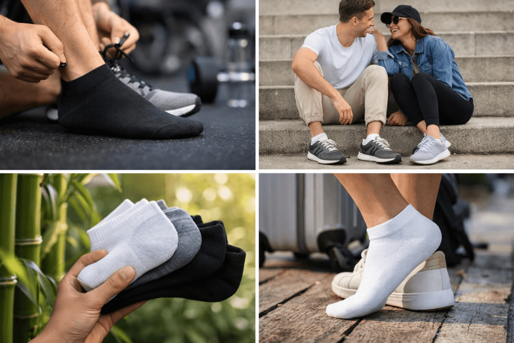 Modern minimalist aesthetic featuring unisex ankle socks and sneakers, debating if ankle socks are out of style in 2026