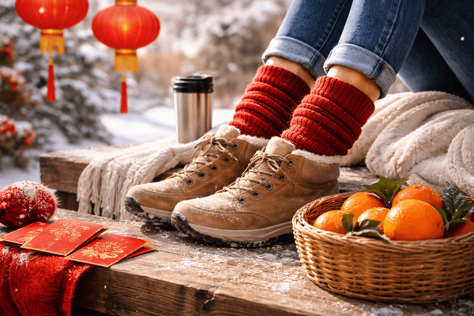 Close-up of a cozy winter outfit featuring lucky red thermal socks for Lunar New Year celebrations in the US