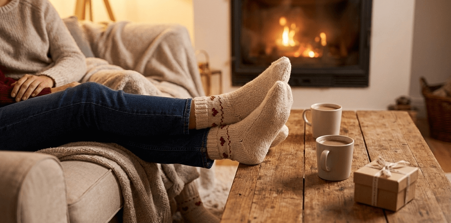 alt="Couple wearing matching white athletic socks sitting on a sofa"