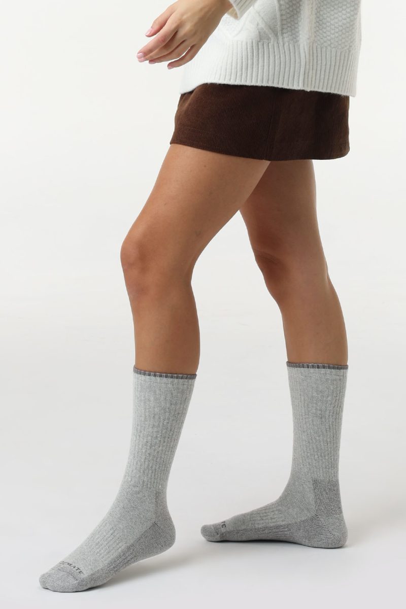 Stitching and cushioning detail on grey wool socks