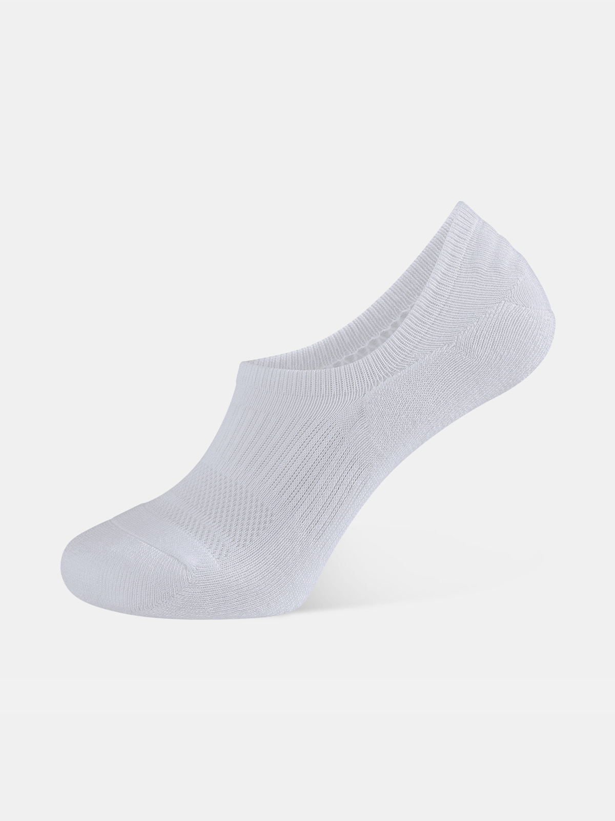 CW10_SWCH_WHITE_PT02 White no-show sock with ribbed arch support displayed on a light background.