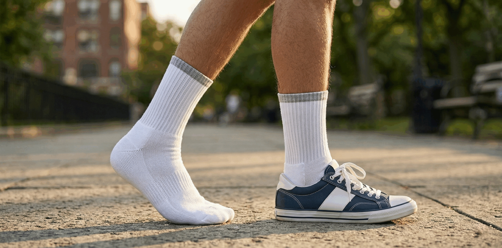A close-up photograph of a man's legs from the mid-calf down, wearing white crew socks with sneakers while walking on a paved pathway in a park.