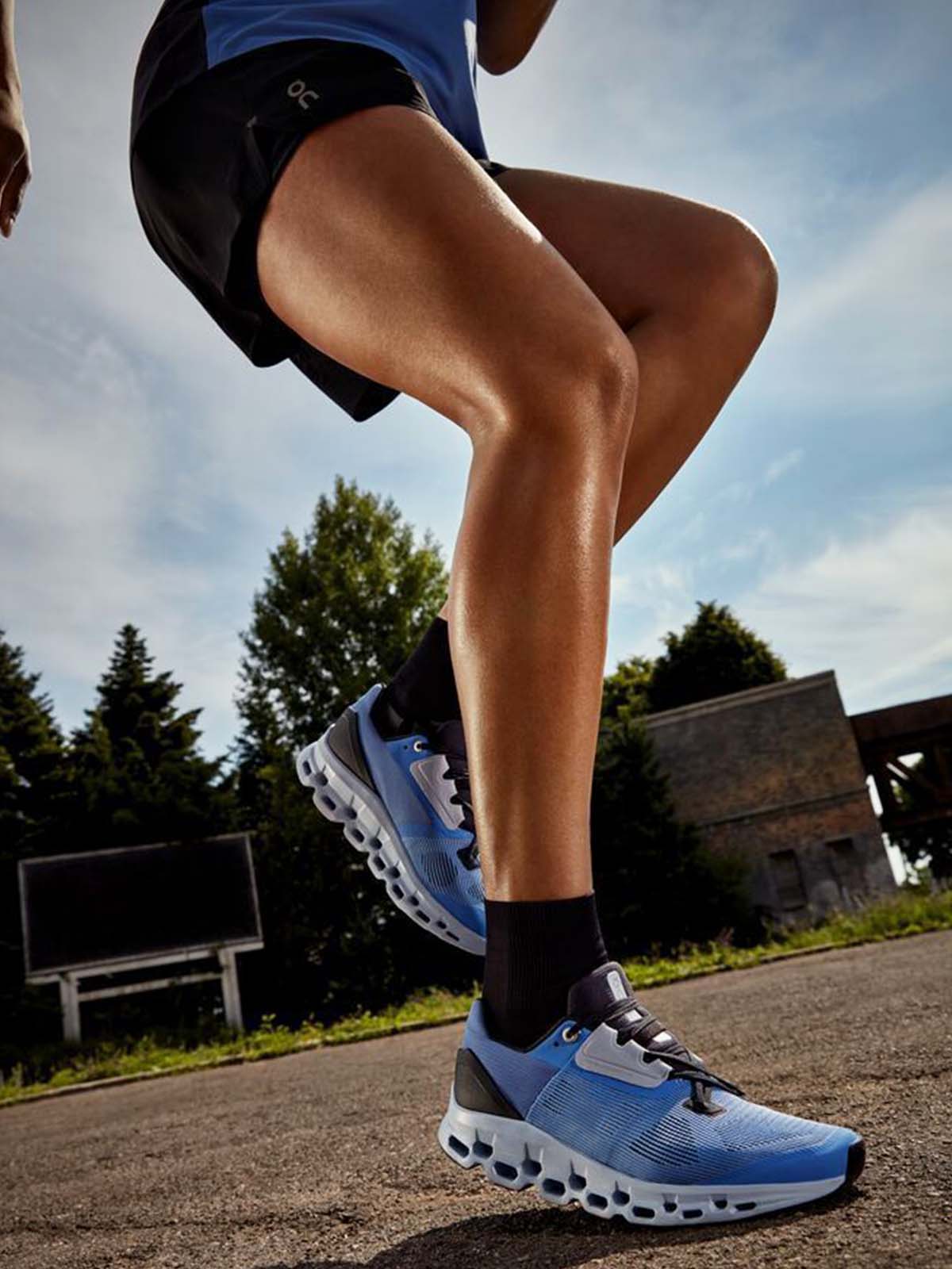 Close-up of cushioned sole on black athletic crew socks