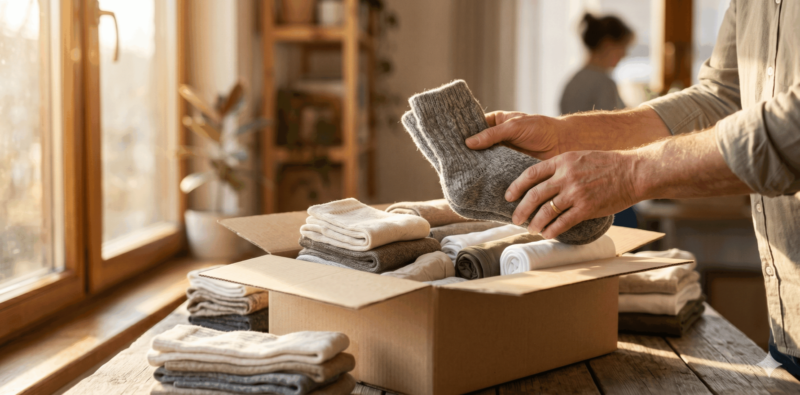 A donation box being carefully packed with clean, comfortable socks and essential clothing for charity distribution.