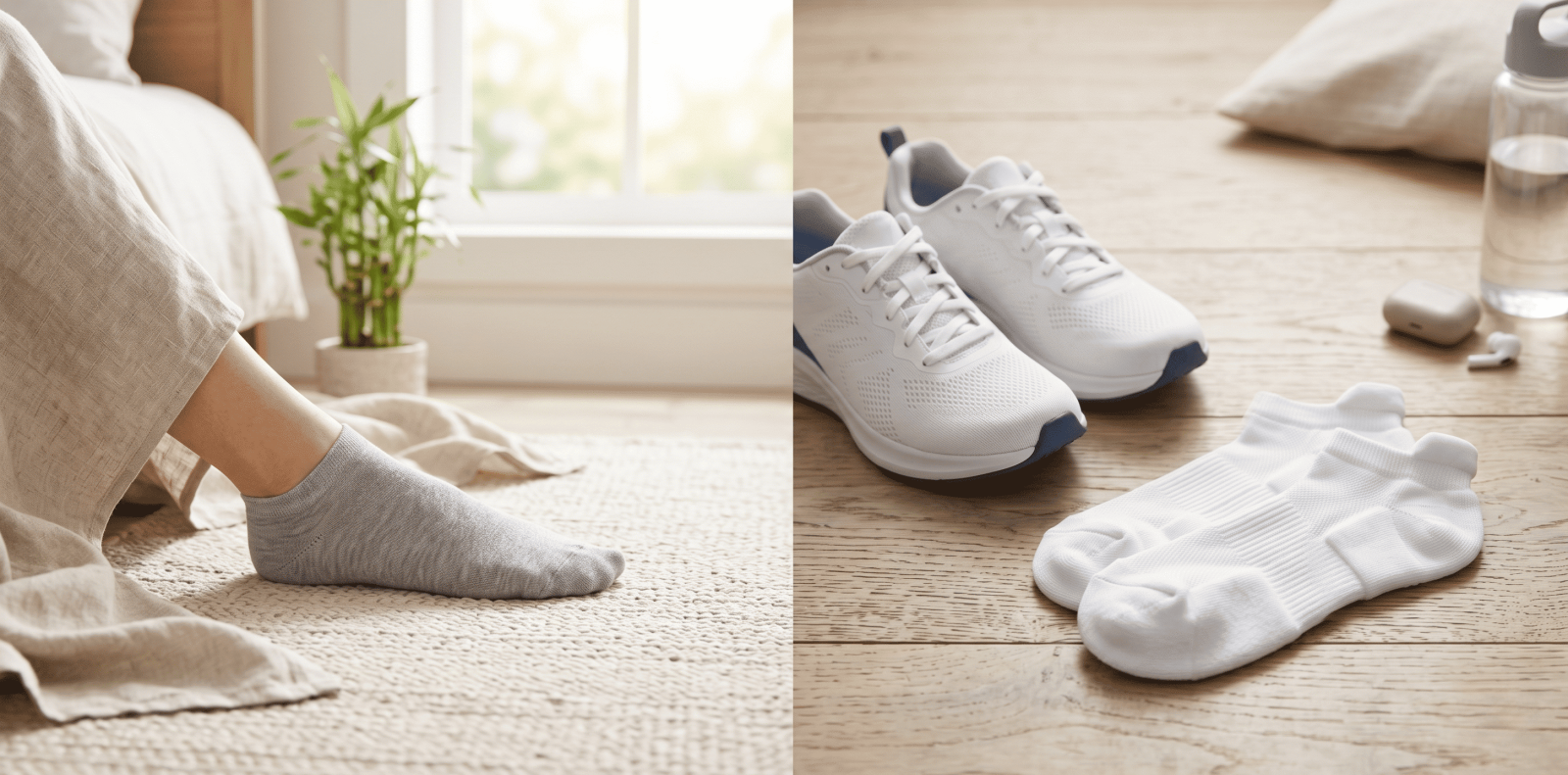 A side-by-side view showing a person wearing a comfortable grey bamboo ankle sock for everyday relaxation, and white cushioned athletic ankle socks next to sneakers for sports performance.