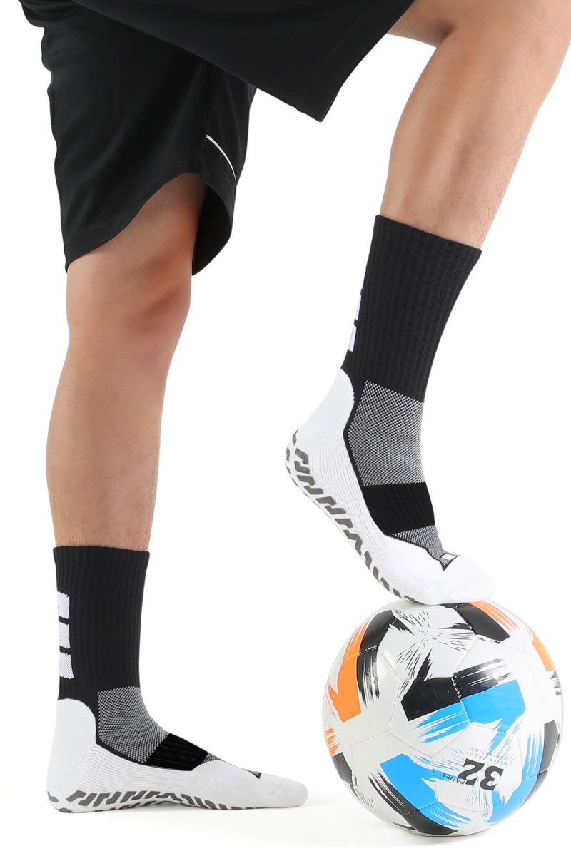 BlackWhite unisex soccer mid-calf socks with strong rubber grip sole and arch support