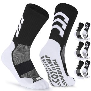 BlackWhite unisex soccer mid-calf socks with strong rubber grip sole and arch support