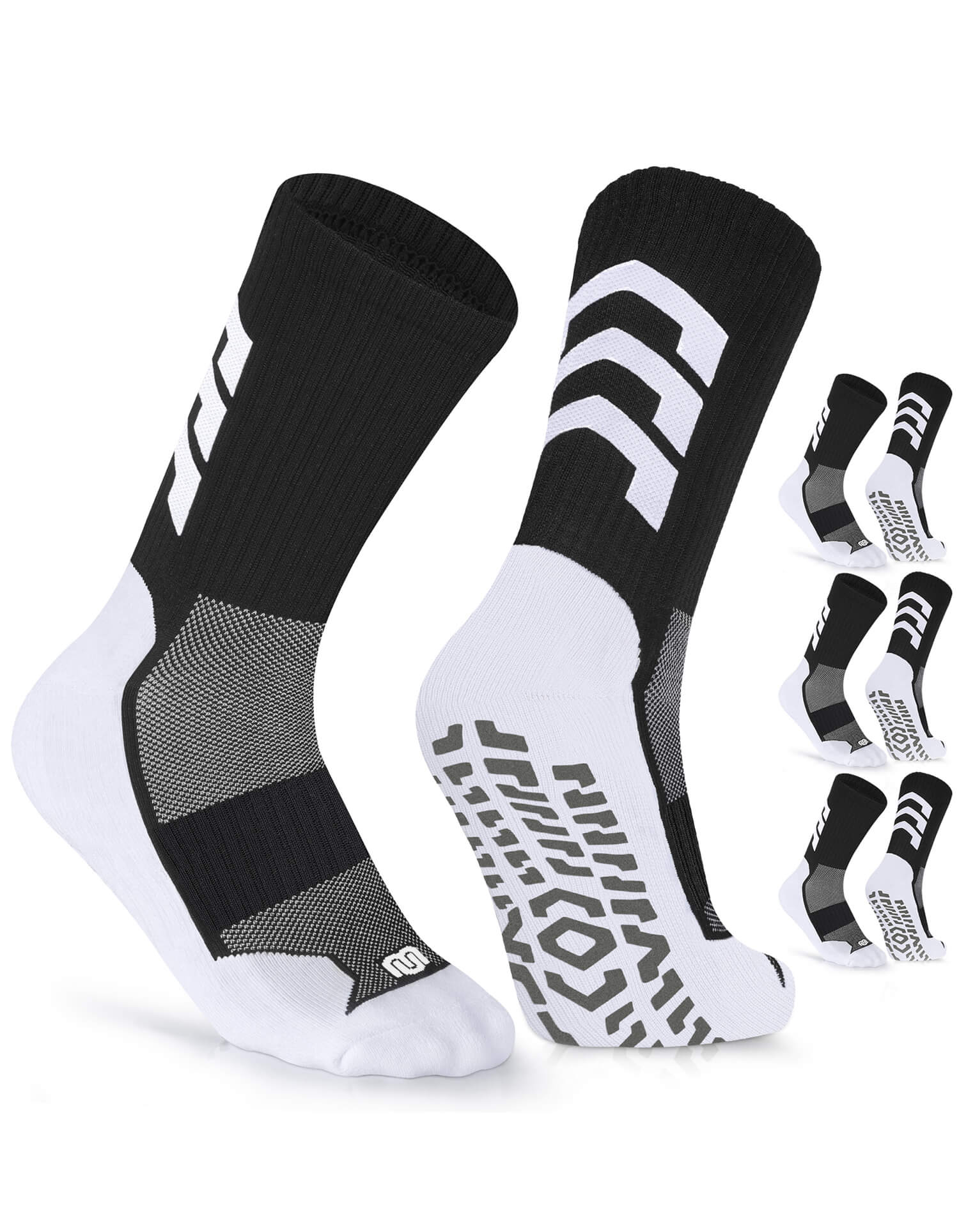 BlackWhite unisex soccer mid-calf socks with strong rubber grip sole and arch support
