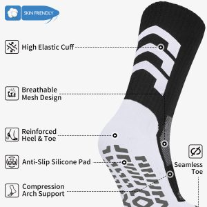 BlackWhite unisex soccer mid-calf socks with strong rubber grip sole and arch support