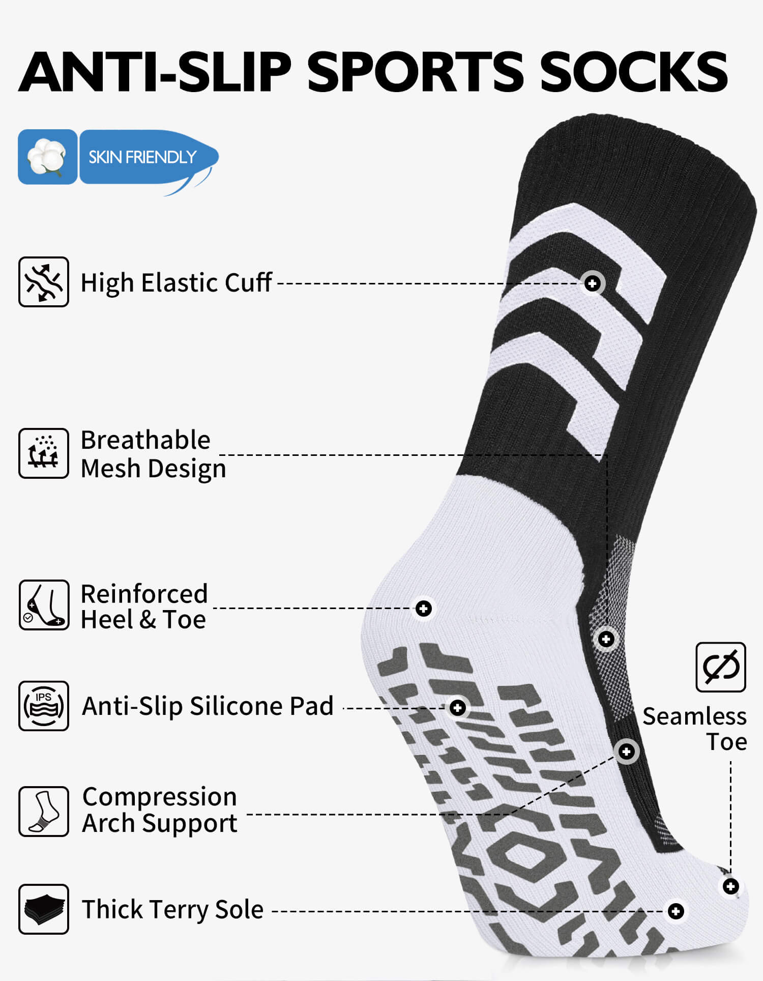 BlackWhite unisex soccer mid-calf socks with strong rubber grip sole and arch support
