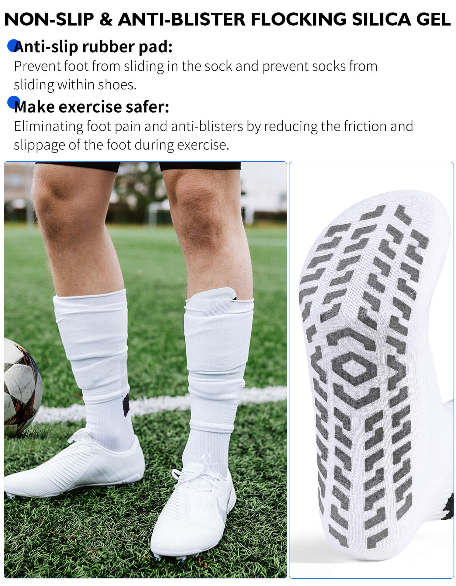 BlackWhite unisex soccer mid-calf socks with strong rubber grip sole and arch support