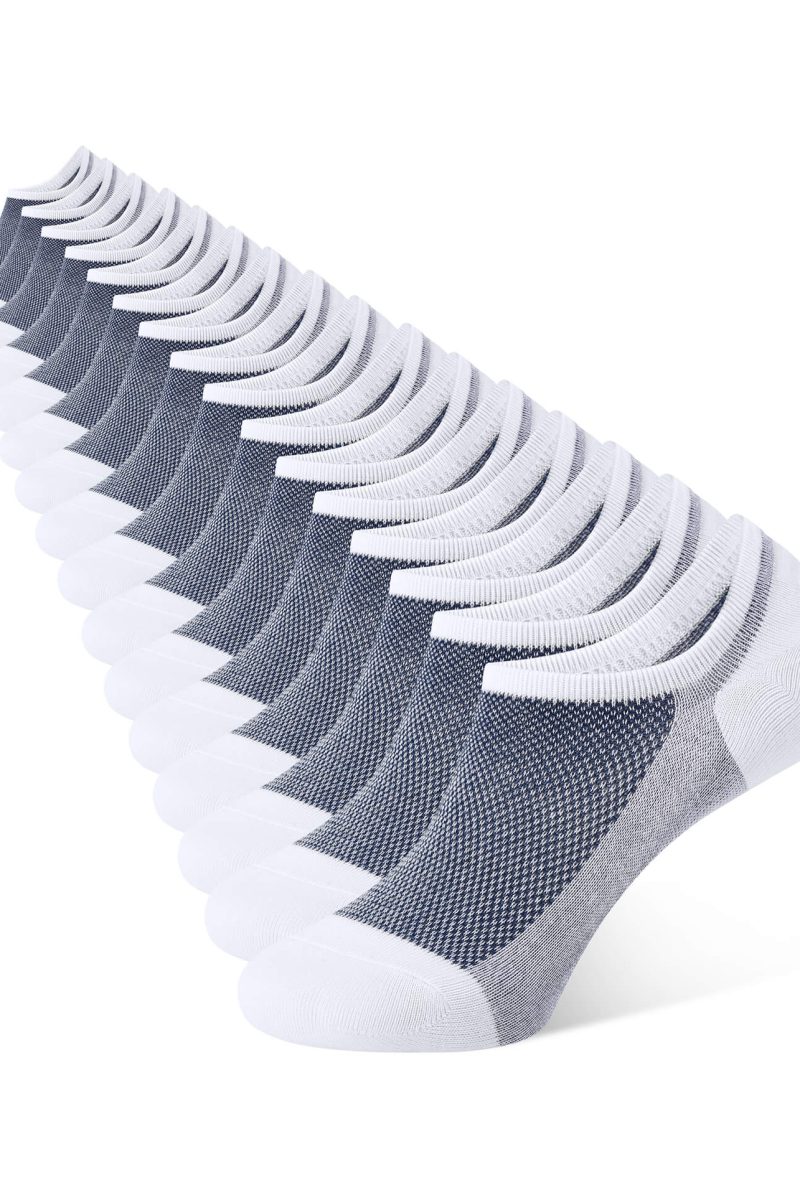 A diagonal row of identical white CLOSEMATE low cut athletic socks featuring breathable grey mesh tops