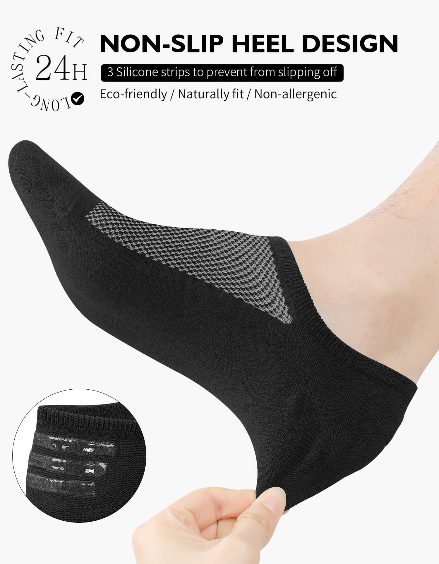 A diagonal row of CLOSEMATE low cut athletic socks showing grey, white, navy blue, and black pairs with mesh ventilation