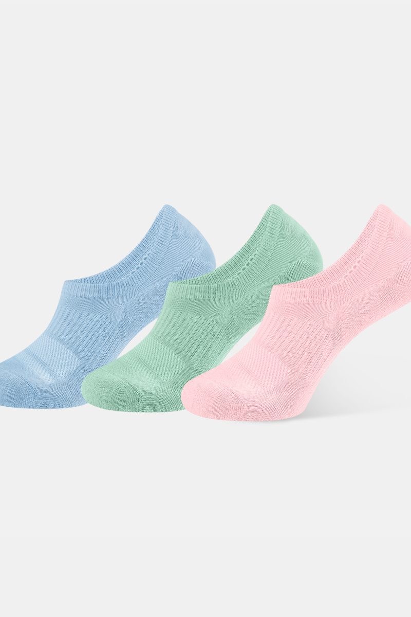 A detailed close-up product photograph of Closemate's light blue ribbed cotton no-show invisible boat socks, set against a smooth, neutral beige background. The image clearly highlights the breathable fabric texture, the precise contoured fit around the foot, and the intricate patterned weave on the footbed designed for comfort.