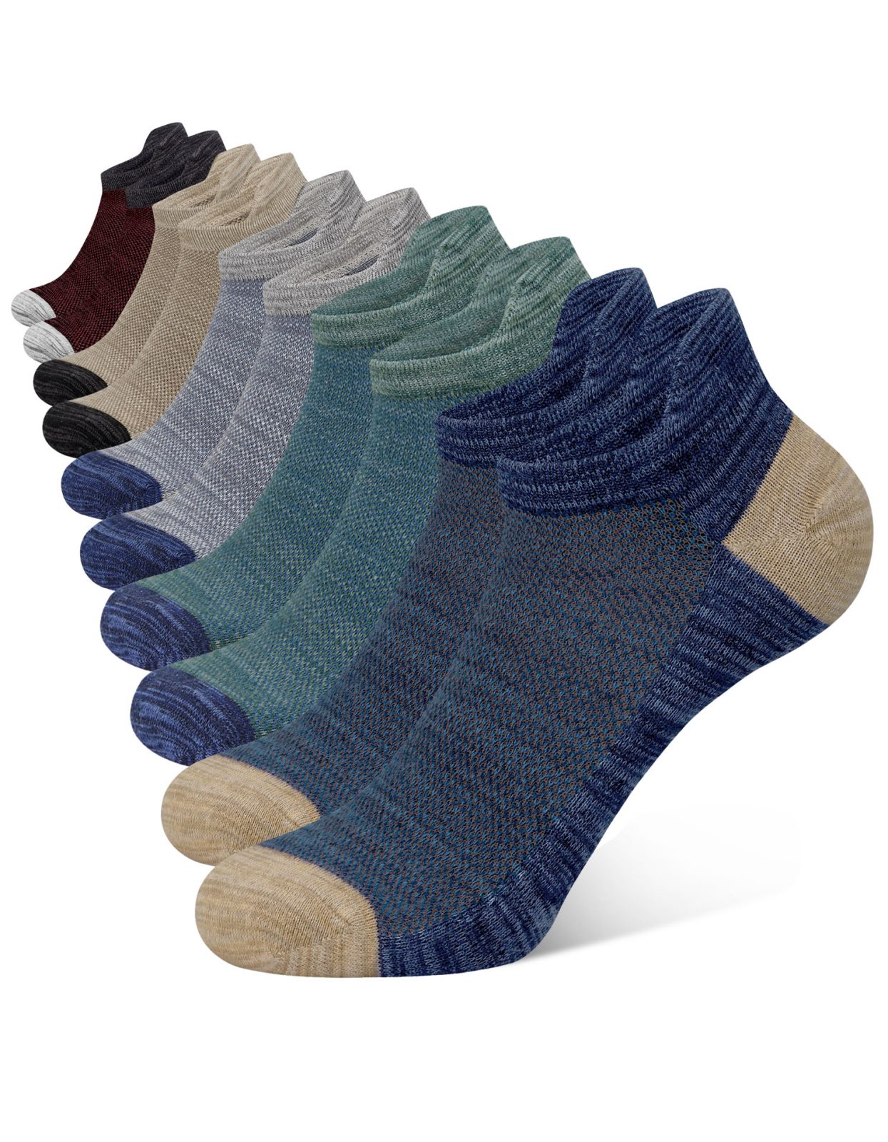 Multipack of CLOSEMATE heathered low cut ankle socks in mixed colors featuring mesh ventilation and heel tab