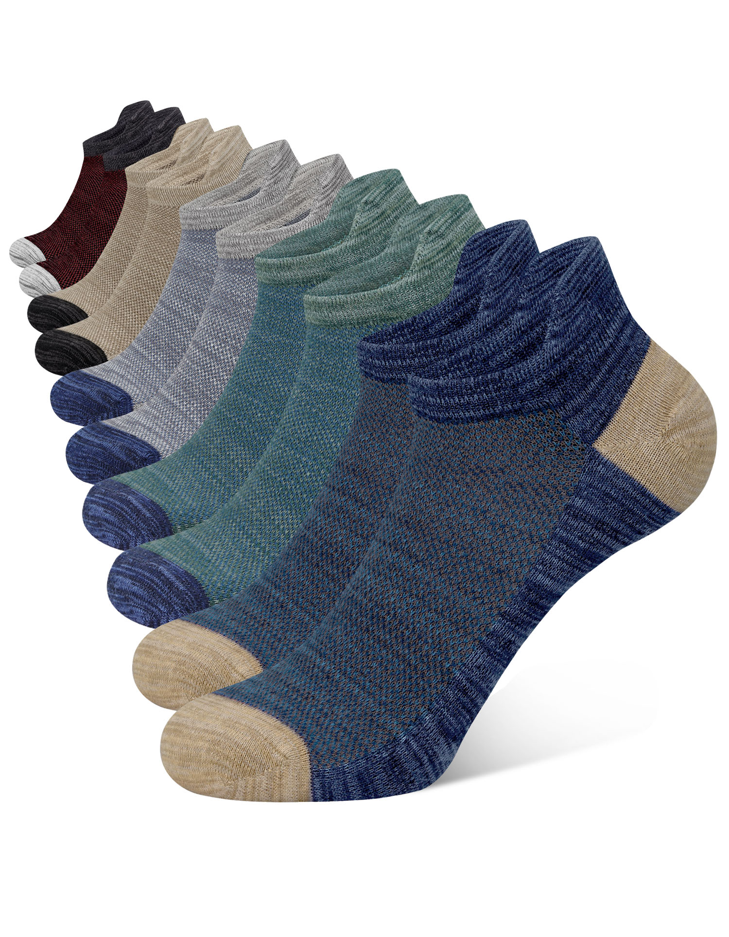 Multipack of CLOSEMATE heathered low cut ankle socks in mixed colors featuring mesh ventilation and heel tab