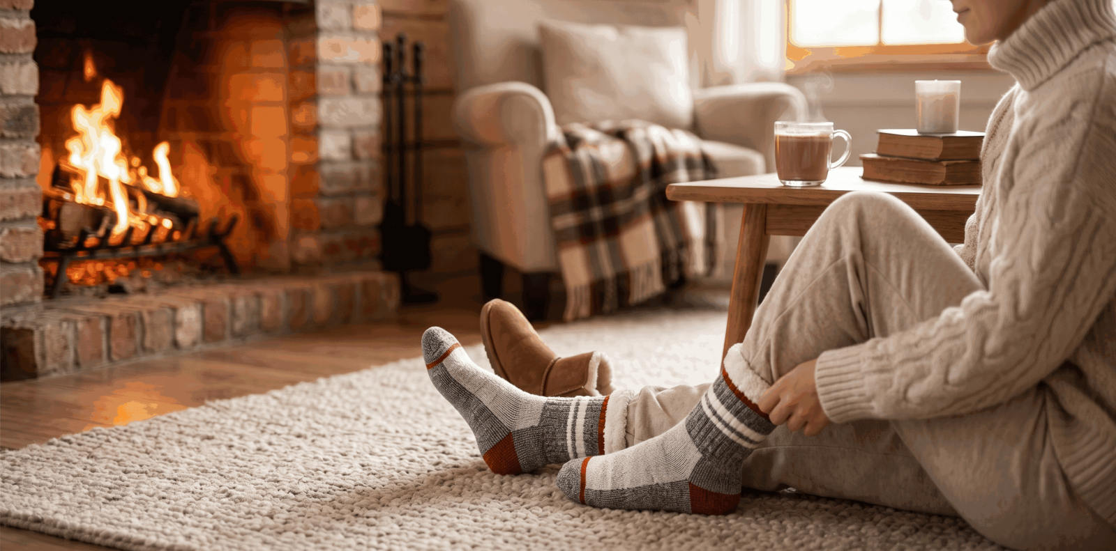 A close-up of a person's feet on a cozy rug, wearing grey and red accented thermal boot socks with a textured cuff, resting near a warm crackling fireplace. The scene conveys a 'cozy and sweet' winter comfort, highlighting the soft fabric and double-layer cuff suitable for boots.