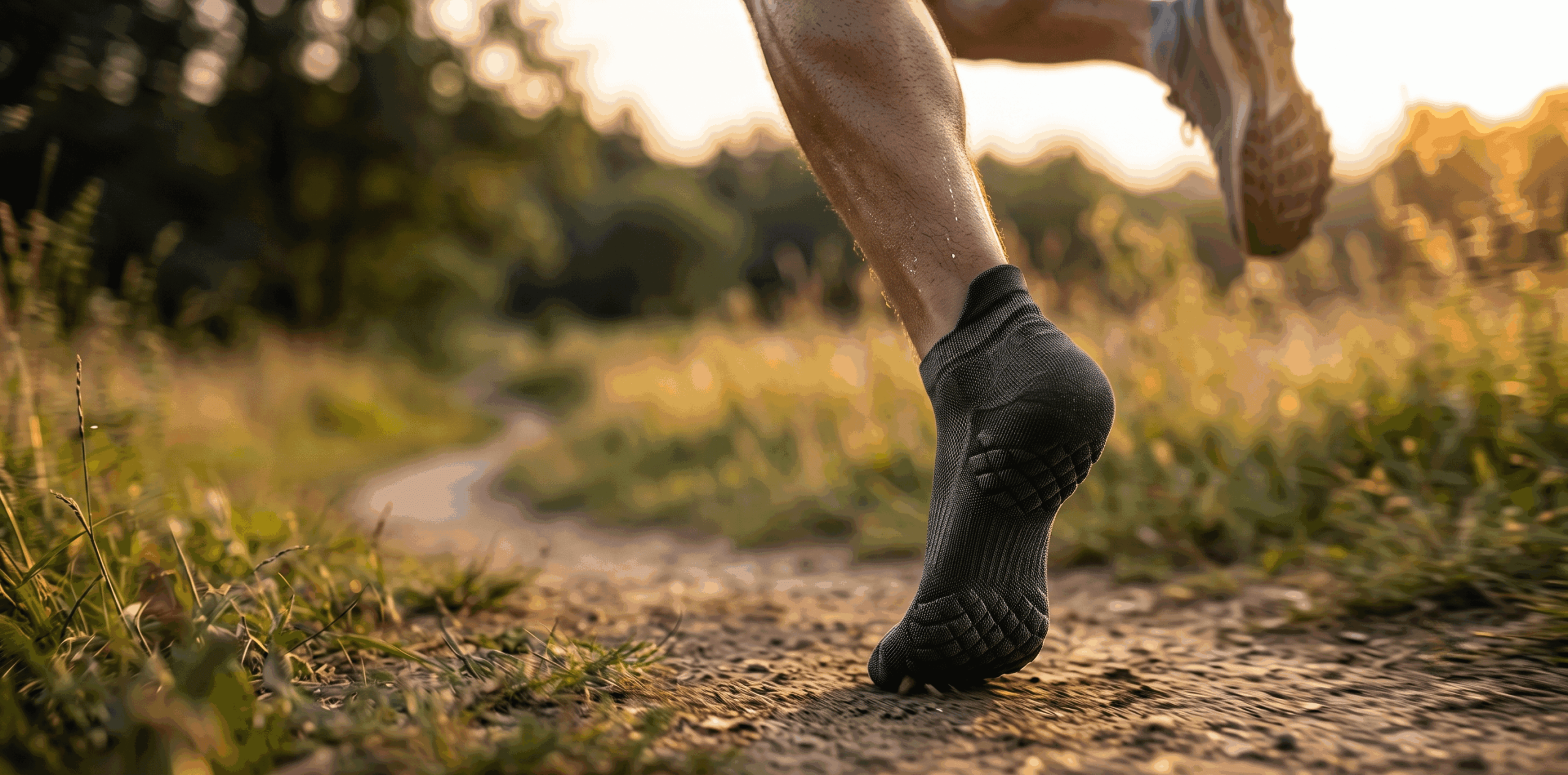A close-up of a runner's foot mid-stride on a dirt trail during golden hour, wearing a CLOSEMATE black athletic ankle sock. The image highlights the visible 3D cloud cushioning on the heel and sole, designed to absorb shock and prevent blisters during outdoor runs.