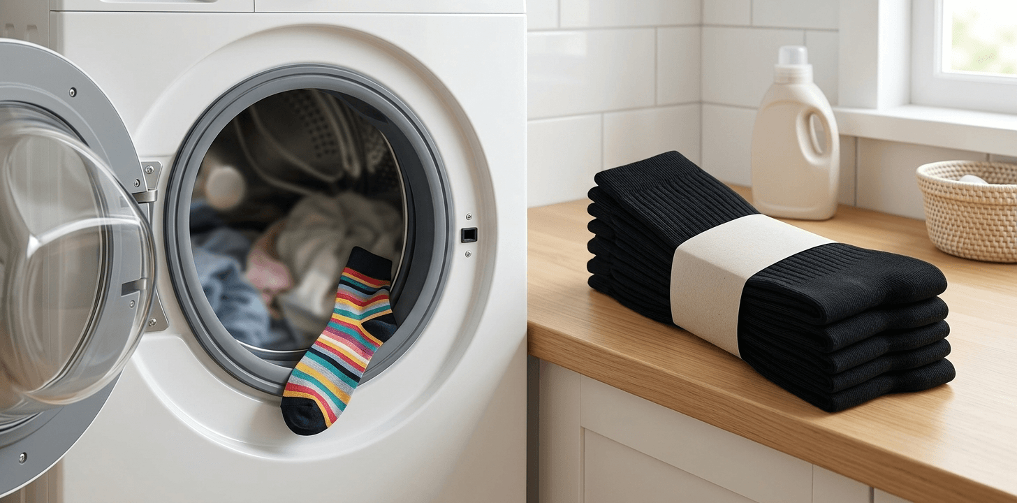 A vertical view of a modern front-loading washing machine with its door open, where a single striped sock is mysteriously caught in the rubber gasket. Next to it rests a perfectly neat stack of identical CLOSEMATE black mid-calf socks, showcasing the ultimate bundle solution to the missing sock problem.
